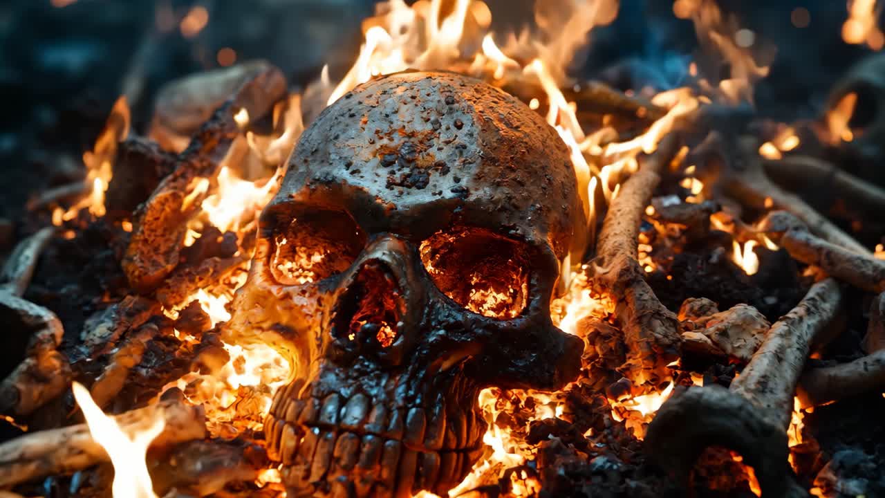 un cráneo está sentado en el medio de un fuego