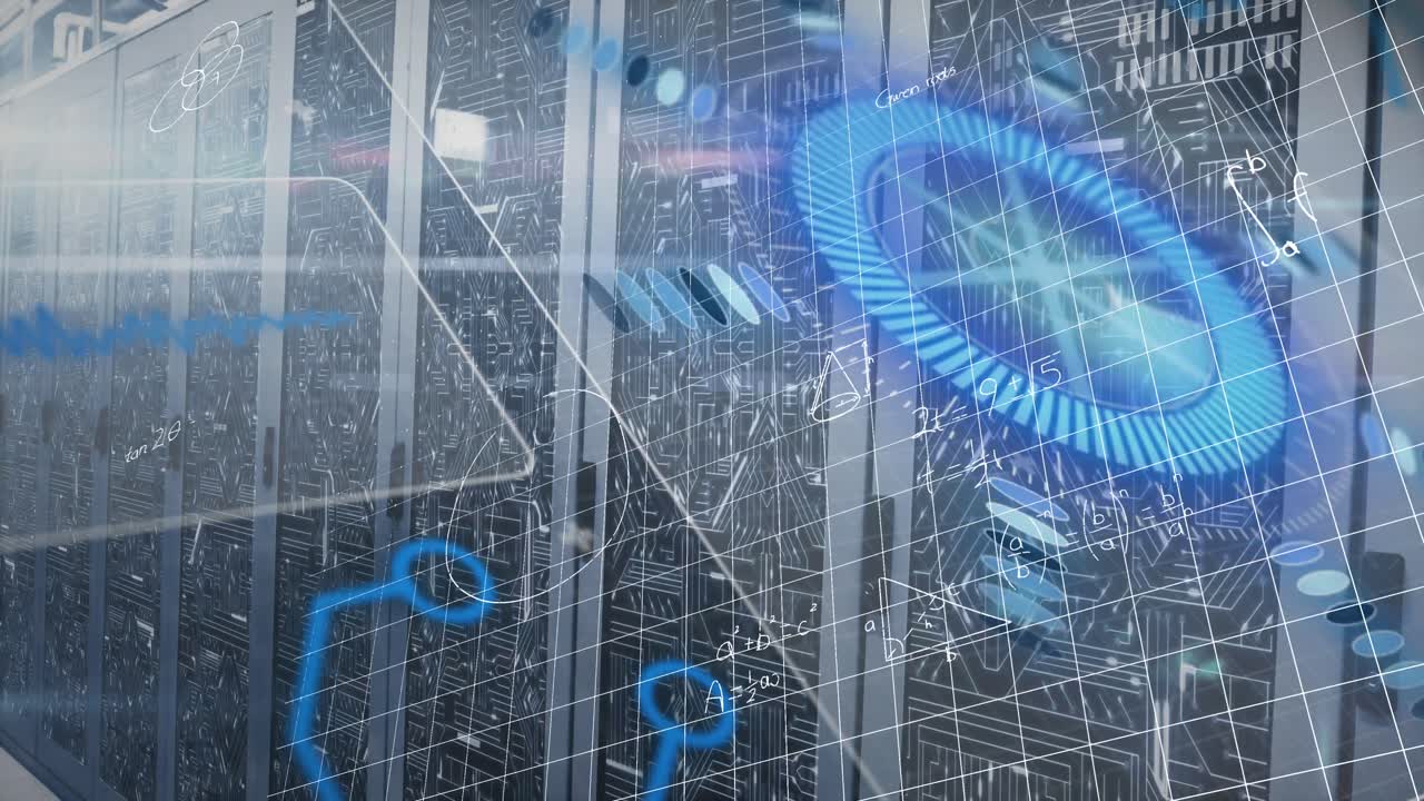 Animation of mathematical equations over round scanner and data processing against server room