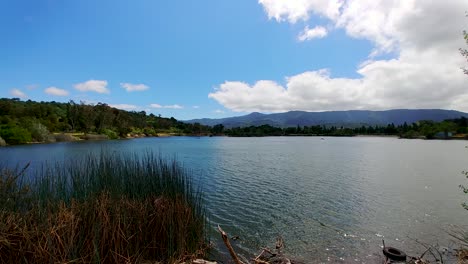 lago con ondas bajo un cielo azul nublado rodeado de montañas y hierba alta