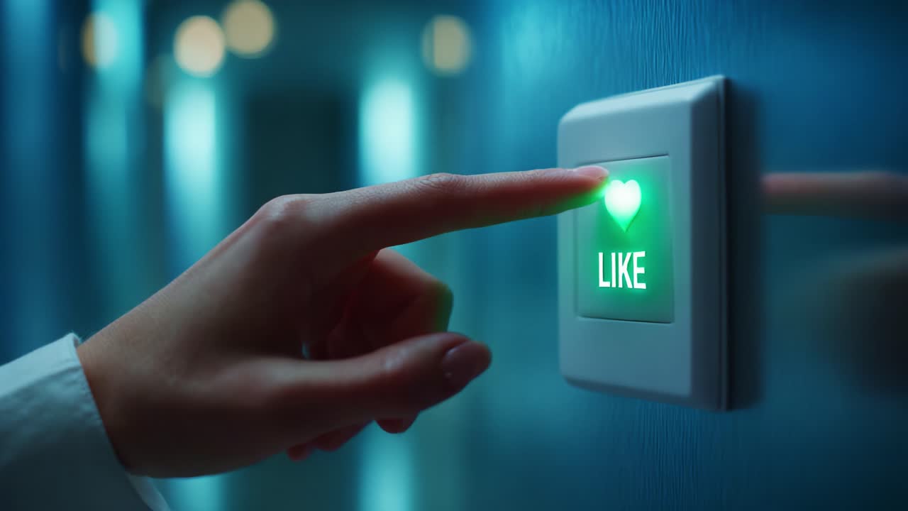 A Close-Up Perspective on a Hand Pressing a Green 'Like' Button Illuminated by Soft Light in an Aesthetic Corridor Setting, Symbolizing Digital Engagement and Connection