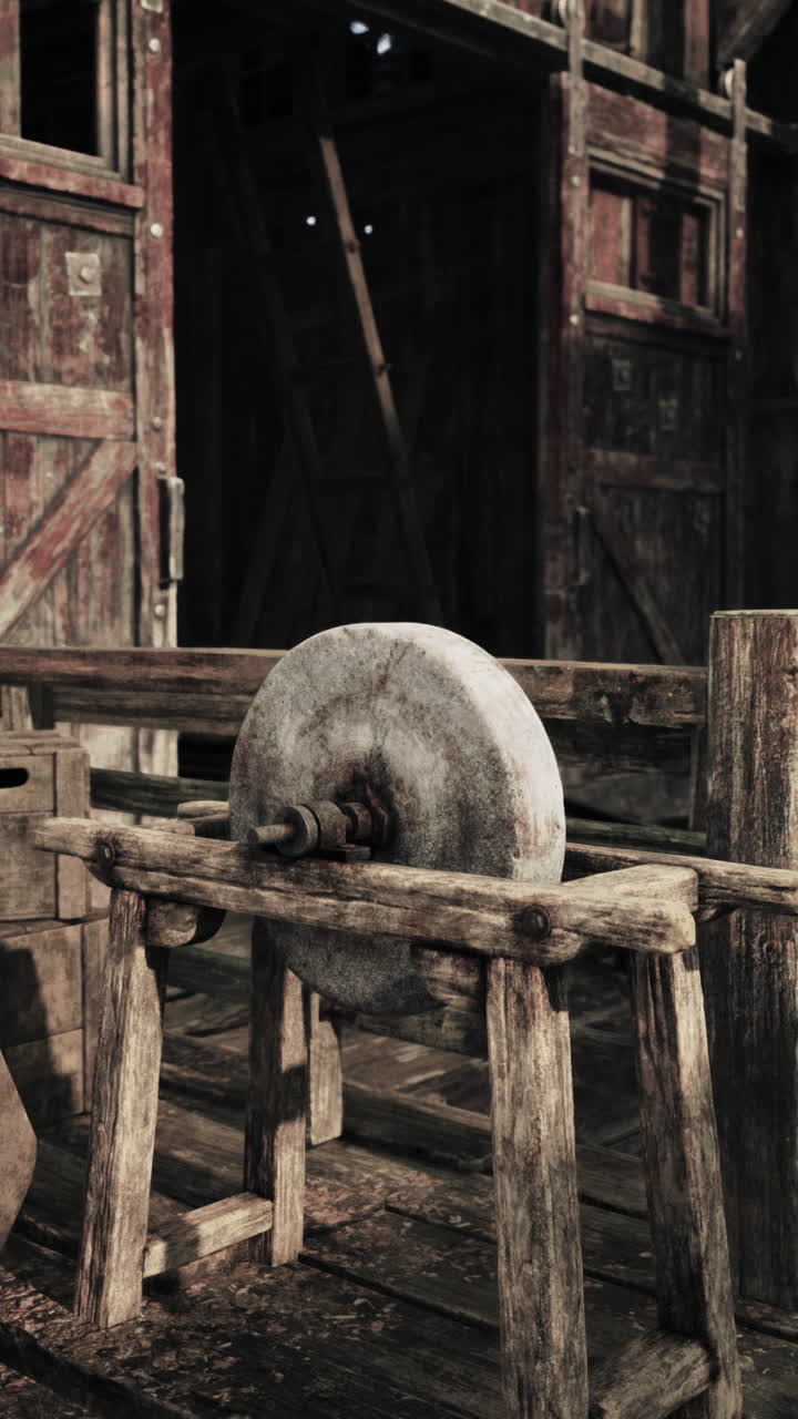 vieja rueda de molienda de piedra en un entorno de granero rústico