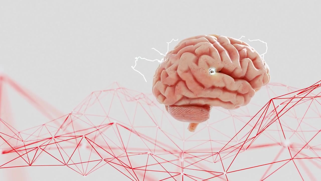 3D human brain with glowing neural activity above abstract red wireframe network. Futuristic concept of artificial intelligence and neuroscience on a white background