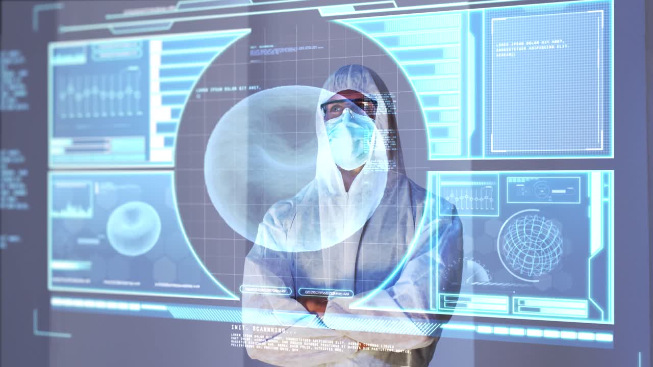 의료 데이터 처리와 함께 인터랙티브 컴퓨터 화면 뒤에 남성 과학자의 애니메이션