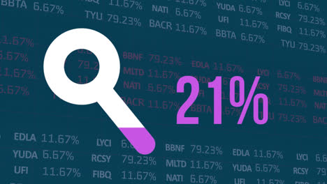 Animation-of-magnifying-glass-with-100-percent-over-financial-data-processing-on-blue-background