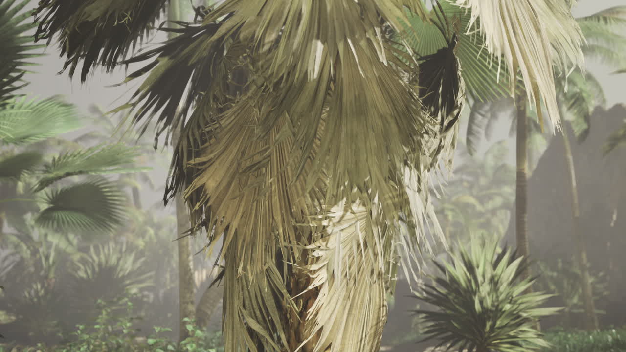 Lush tropical vegetation with a tall palm tree in a misty jungle setting