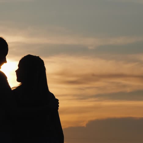 a woman with a child looks forward to the sunset the view from behind