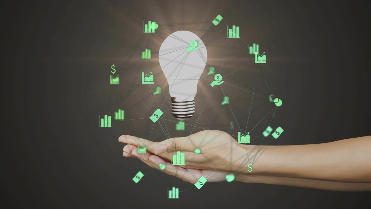 Innovative Business Idea with Financial Data Network and Lightbulb