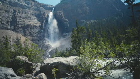 a cinematic slow motion shot of the very impressive landscape of yoho national park, with takakkaw waterfall in the background in the woods of canada