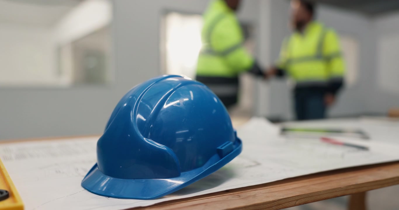 Casco azul sobre planos de construcción con trabajadores al fondo