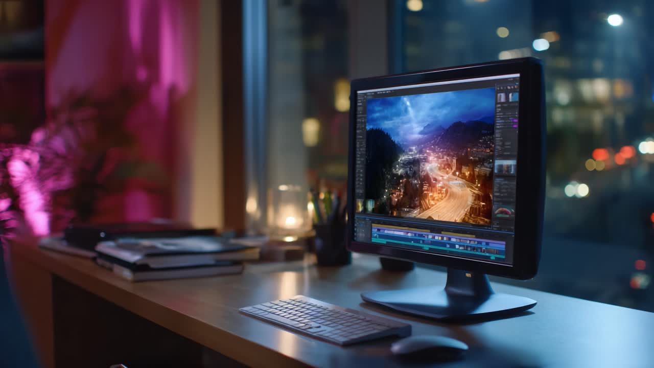 Ein gemütlicher Arbeitsbereich im Abendlicht mit einem Computer, der ein lebendiges Stadtbild anzeigt, das kreative digitale Arbeit mit warmem Ambiente und Kabelsalat hervorhebt