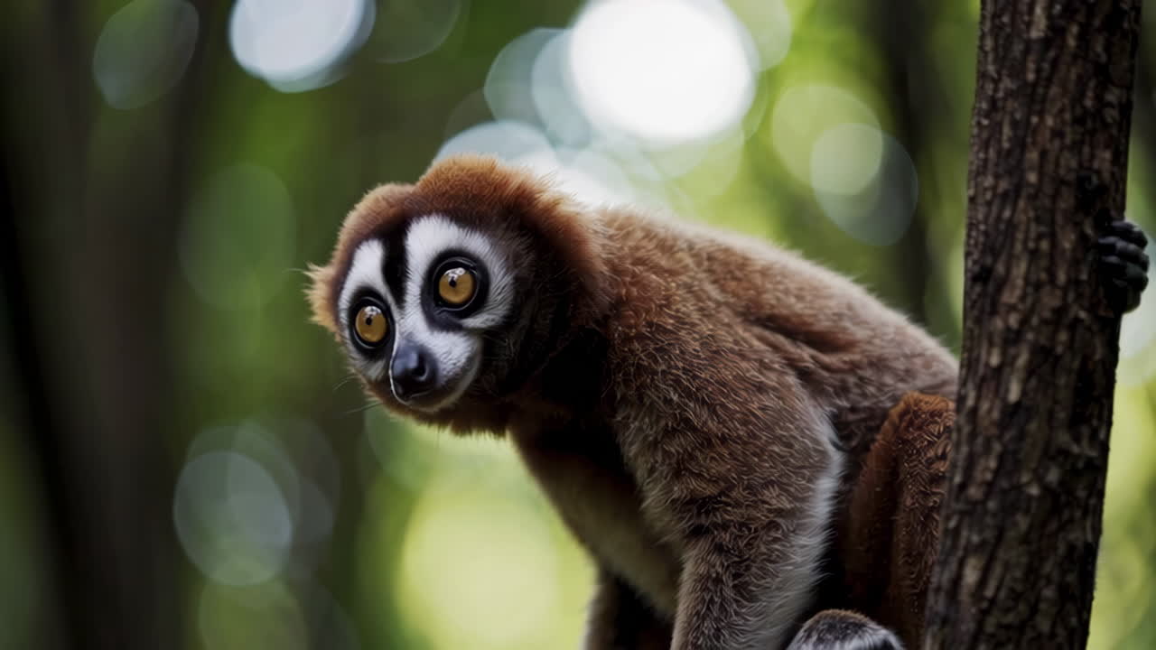 lémur en un árbol en un bosque