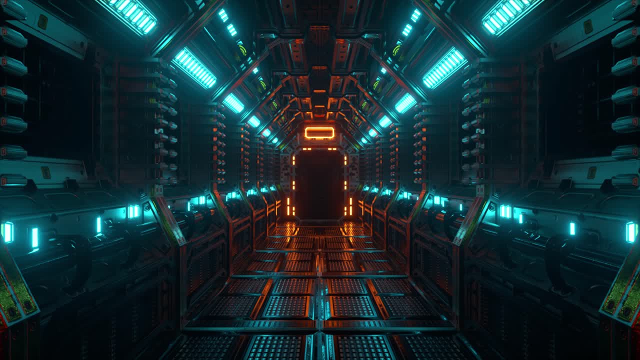 Futuristický sci-fi koridor vesmírné lodi s neonovými světly