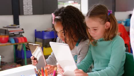 side view of mixed-race schoolgirls studying on digital tablet in the classroom 4k