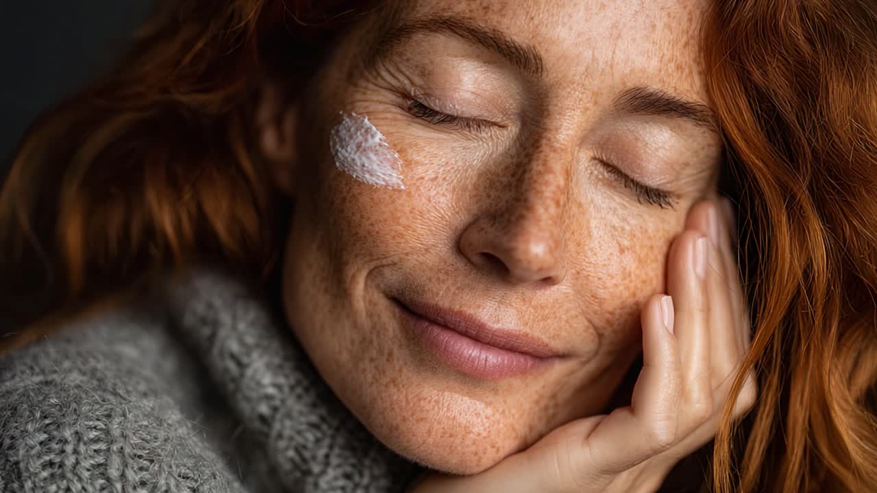 Um Retrato em Primeiro Plano de uma Mulher com Sardas Aplicando Suavemente Creme Hidratante no Rosto, Enfatizando a Beleza Natural e Rituais de Autocuidado em Iluminação Suave