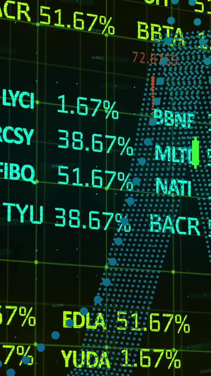 Stock market data displayed on screens, showing dynamic financial information