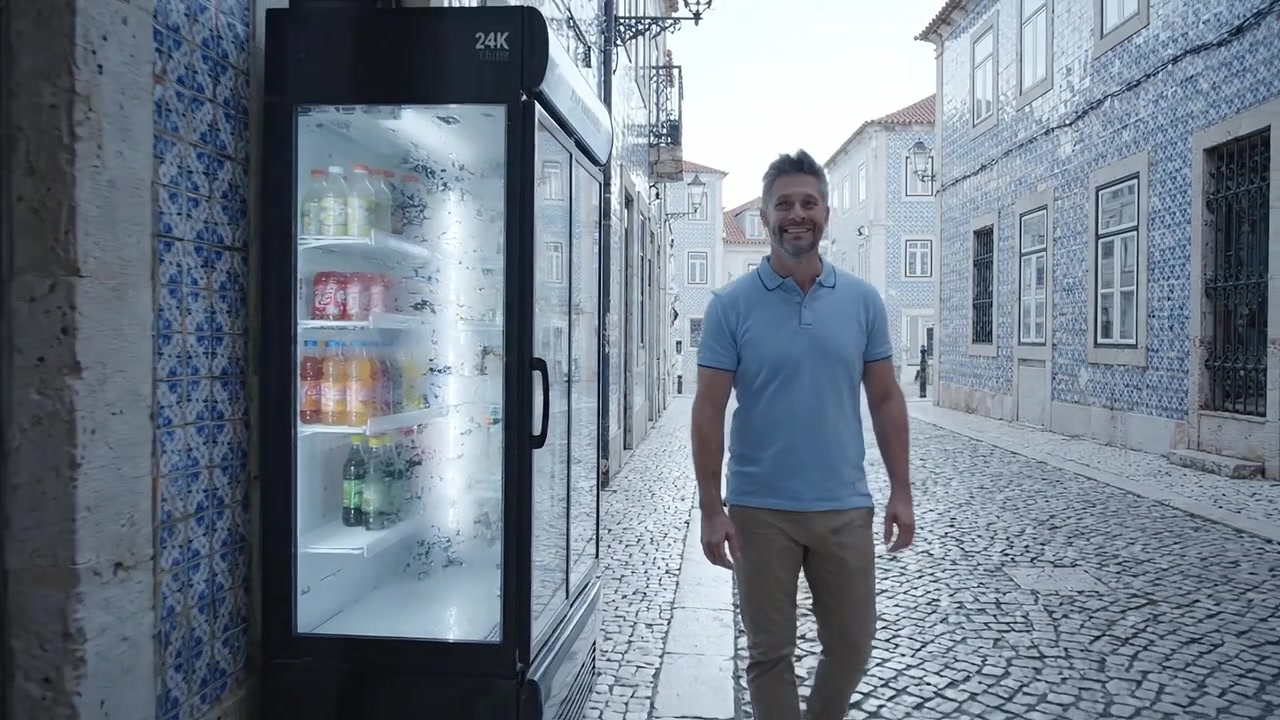 Un uomo che si gode una selezione di bevande rinfrescanti da un distributore automatico in una pittoresca strada acciottolata, circondato da affascinanti edifici antichi e un'atmosfera tranquilla
