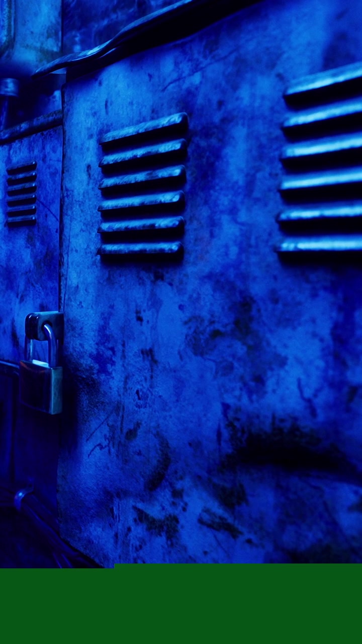 Parete blu con prese d'aria metalliche e un lucchetto in un ambiente industriale di notte.