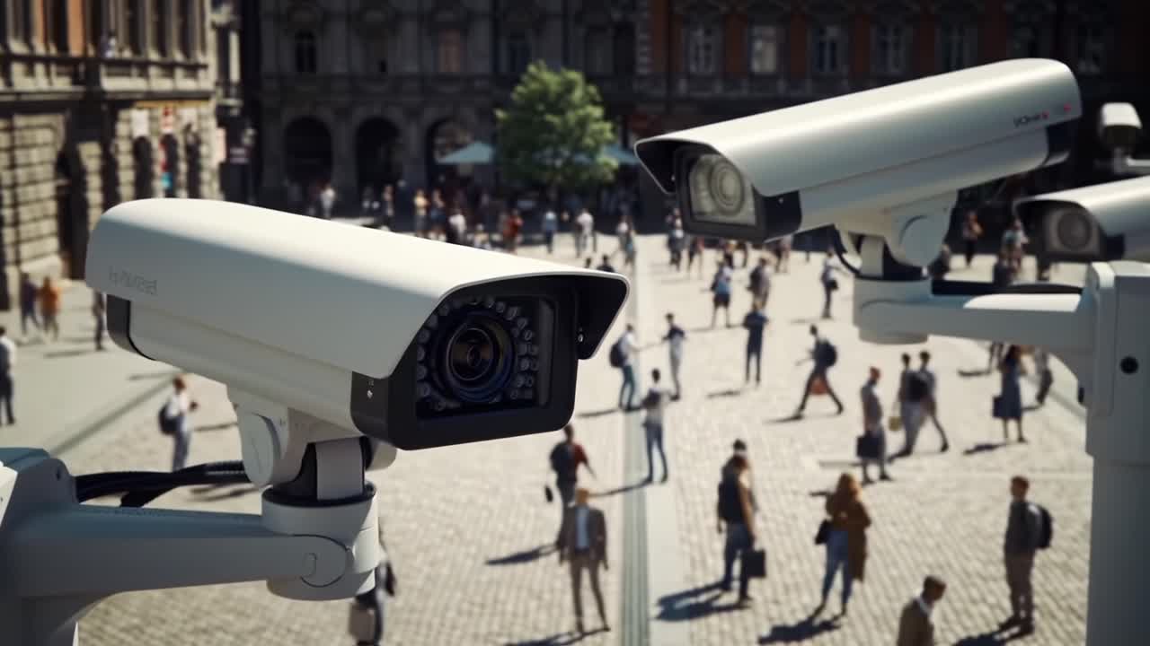 Surveillance Technology Overlooks Vibrant City Square as Pedestrians Navigate Busy Streets, Highlighting Modern Security Measures and Urban Life