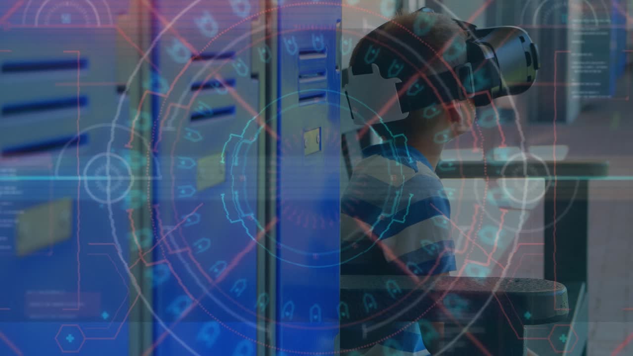 Animation of scope scanning and data processing over boy wearing vr headset