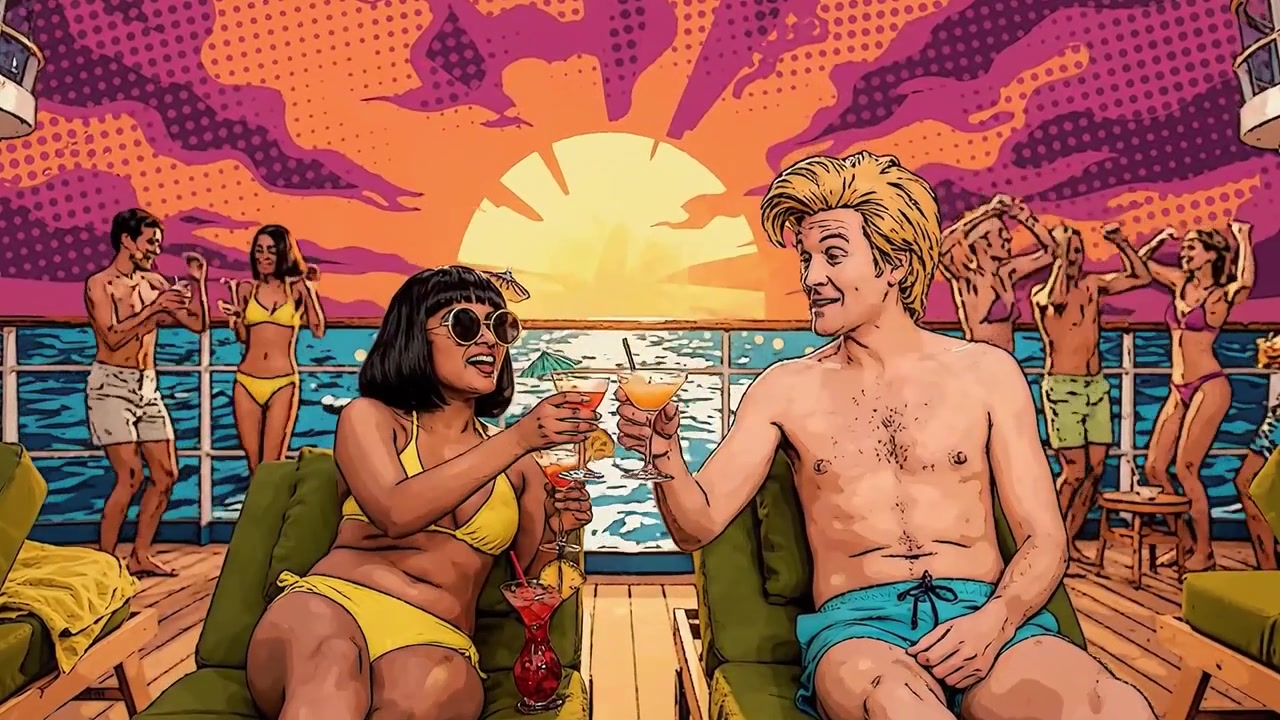Una rilassante celebrazione al tramonto in mare con due amici che brindano con cocktail colorati su un vivace ponte di yacht, circondati da divertimento e risate.