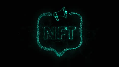 estandarte de megáfono con burbuja de habla y texto nft. estilo plexus de puntos y líneas brillantes verdes