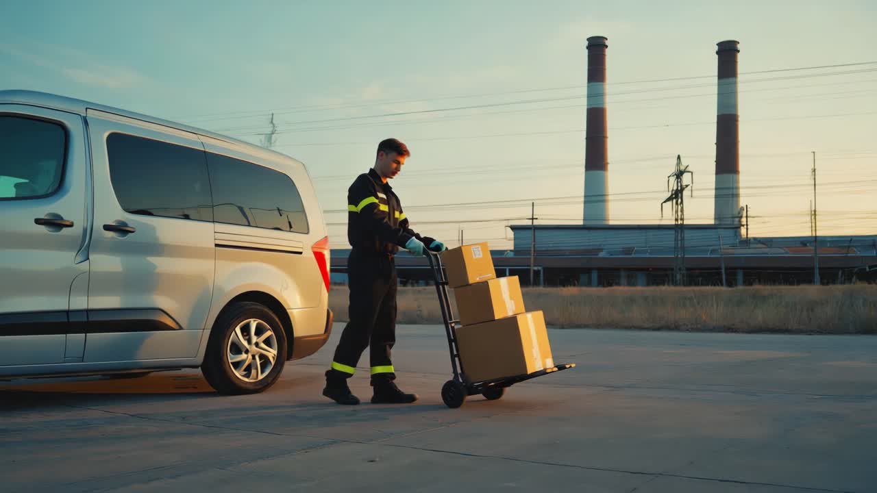 Delivery worker pushing packages on a hand truck next to a van at an industrial site