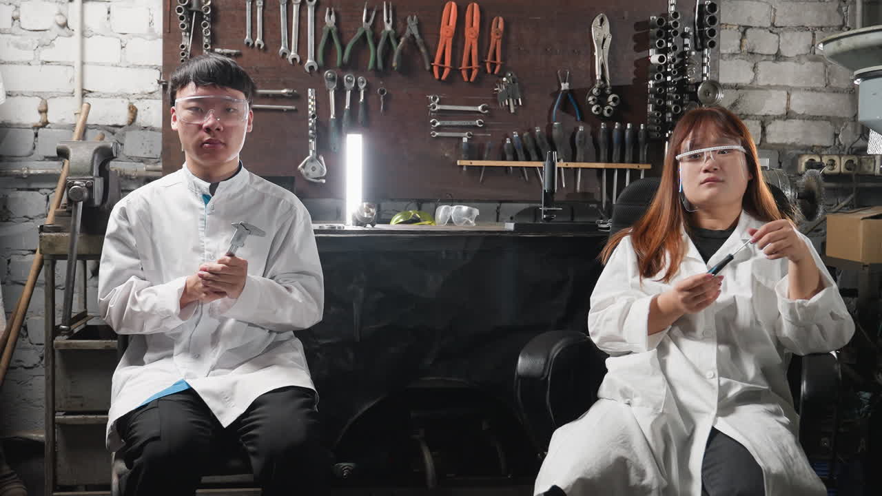 자동차 작업실에 앉아있는 중국 실험실 기술자, 안전 안경과 함께 베르니에 칼리퍼를 들고 있는 소년, 여성이 좌석을 부드럽게 회전시키는 동안, 도구와 장비가 벽에 매달린 산업 작업 공간