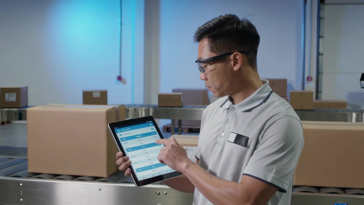 Tapping warehouse worker wearing light gray polo, using tablet app at conveyor, tracking cartons
