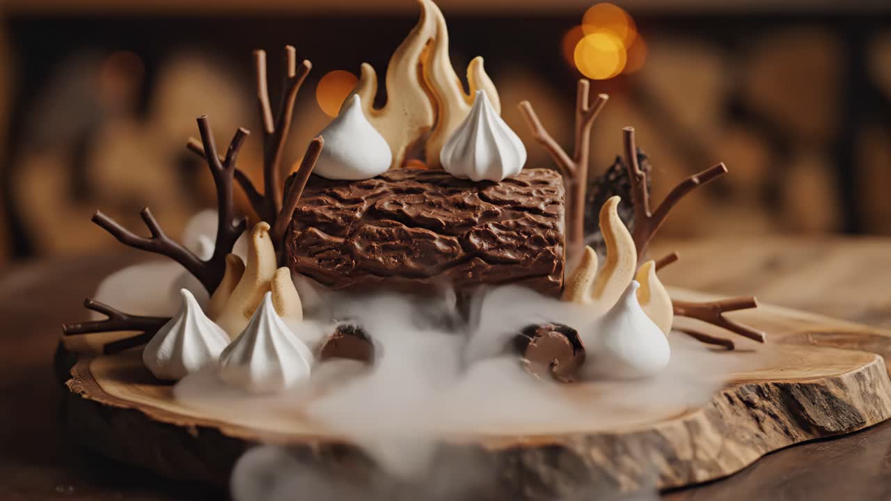 Festive Chocolate Log Dessert with Meringue and Fire Decorations