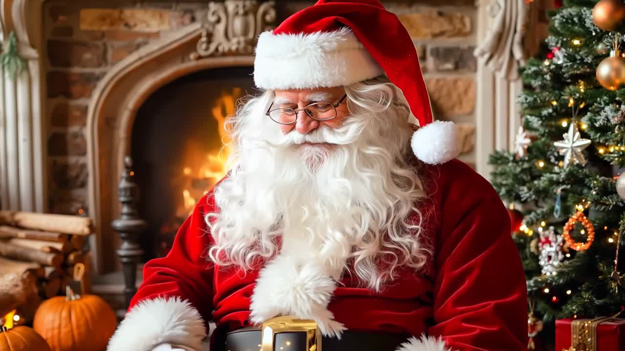 벽난로 앞에 앉아 있는 산타클로스로 옷을 입은 남자