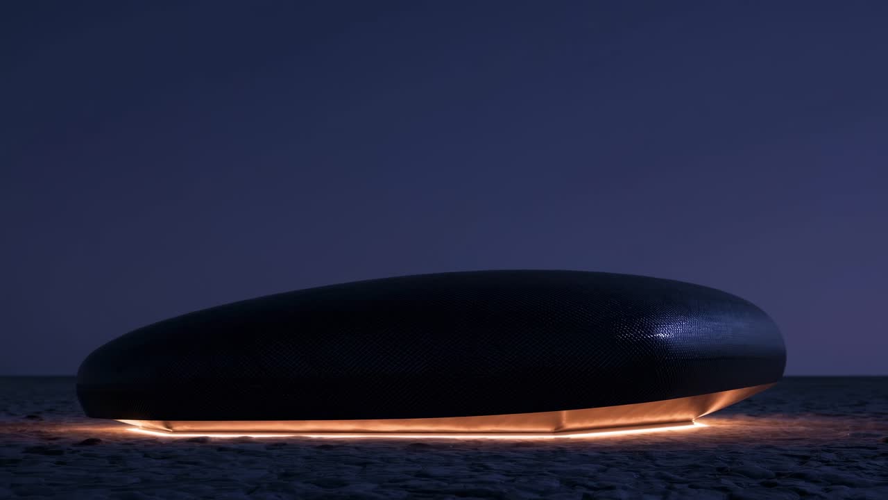 Large, dark, futuristic, oblong object rests on a cobblestone surface, illuminated by the dim twilight glow, creating a sense of mystery and intrigue