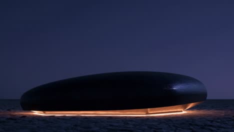 large, dark, futuristic, oblong object rests on a cobblestone surface, illuminated by the dim twilight glow, creating a sense of mystery and intrigue