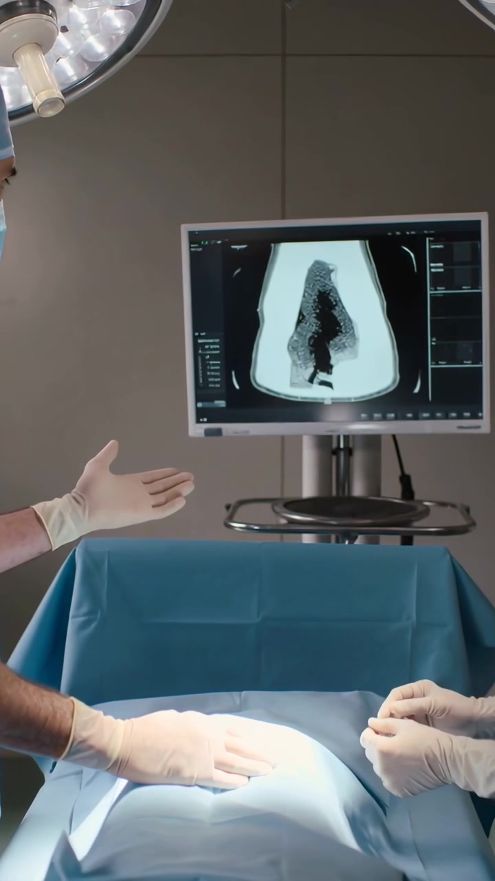 Video verticale: Visione del team chirurgico che gesticola, legando una sutura in sala operatoria, con teli chirurgici blu e camici che confermano l'anatomia.