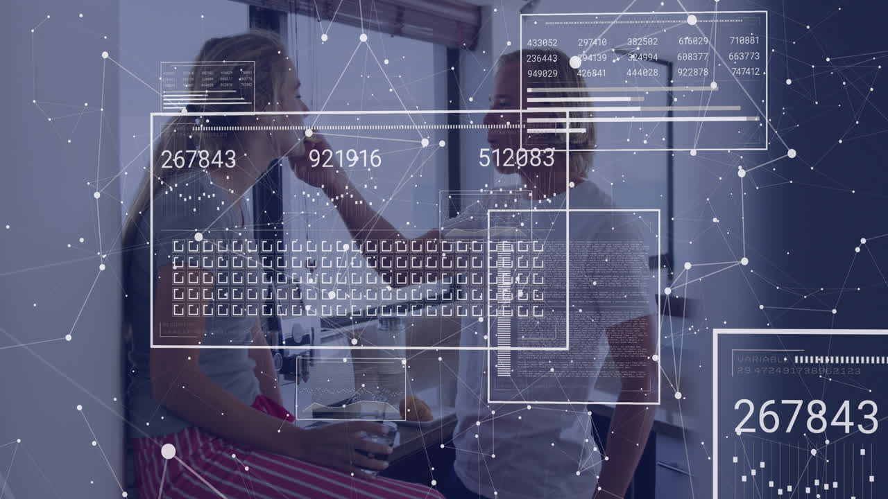 Animation of data processing over caucasian couple eating in kitchen