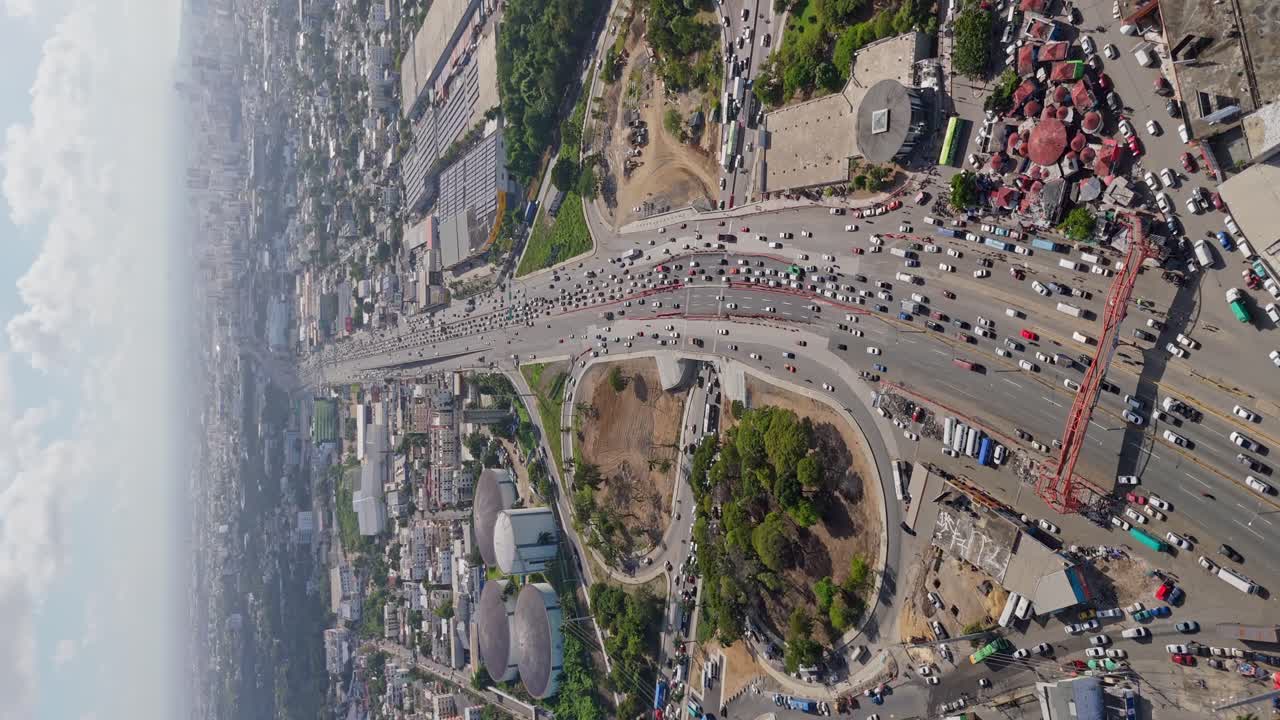 Aerial View of a City Highway with Heavy Traffic Congestion