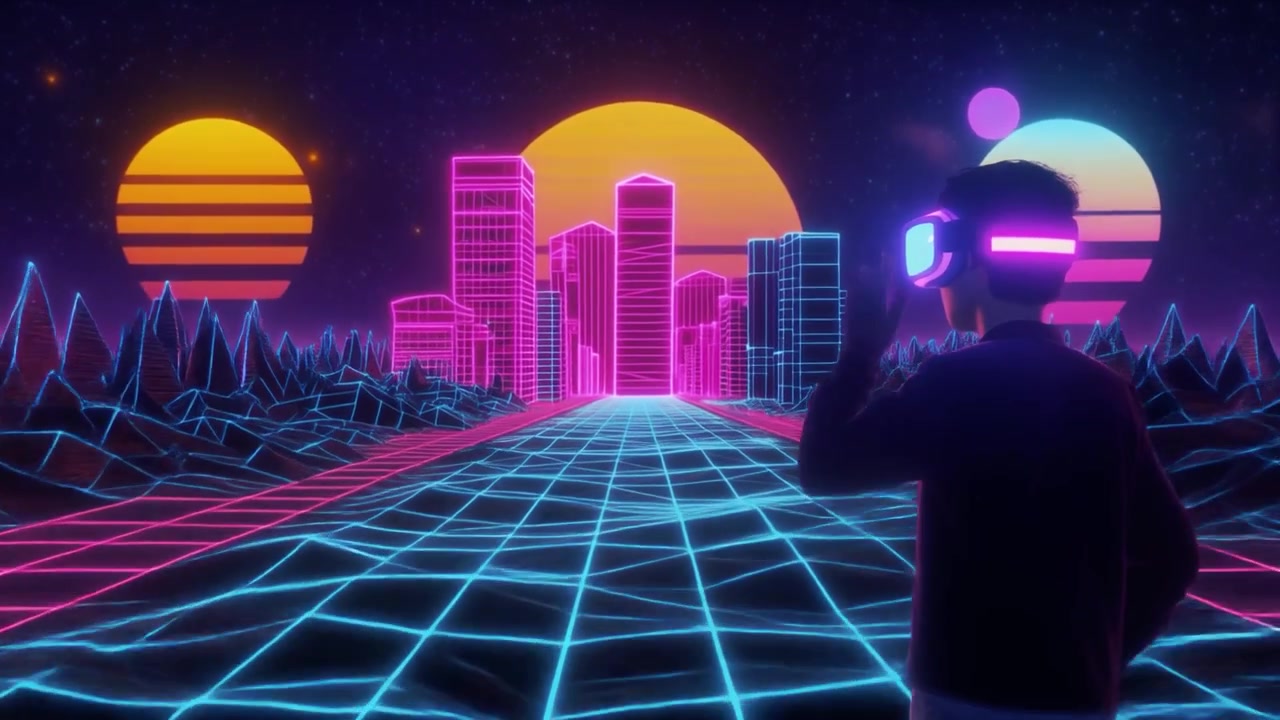 Orang Memakai Headset VR Menjelajahi Dunia Virtual Retro Synthwave