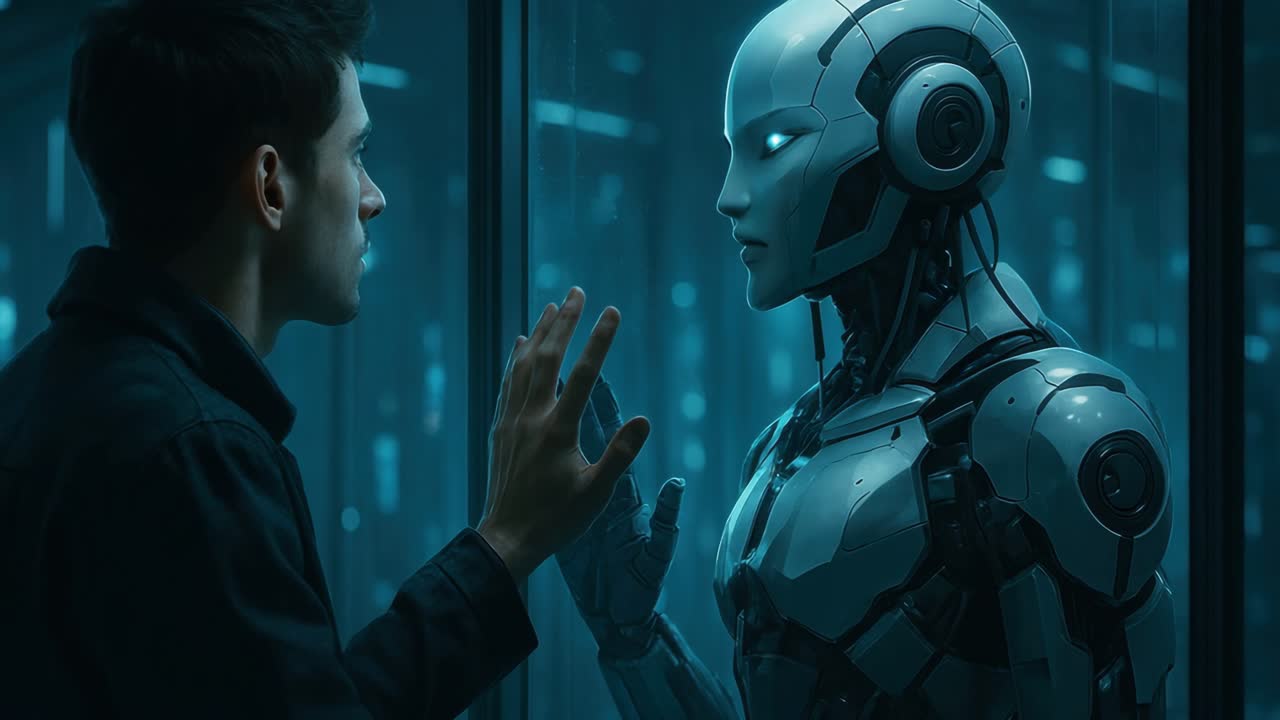 A futuristic video concept showing a man and a robot facing each other through glass