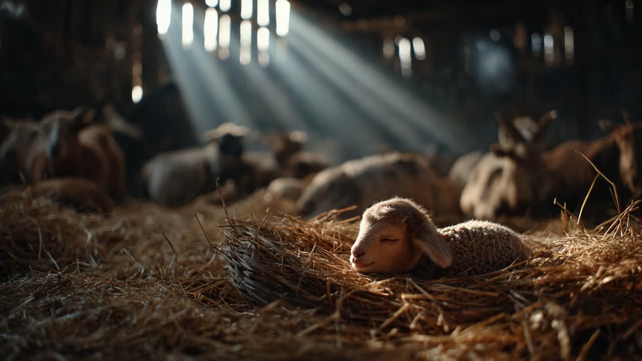 A Serene Moment in the Barn: A Young Lamb Resting Comfortably on a Bed of Straw While Sunlight Filters Through the Rustic Beams of the Barn