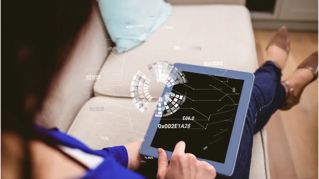 Multiple changing numbers over spinning globe against mid section of a woman using digital tablet