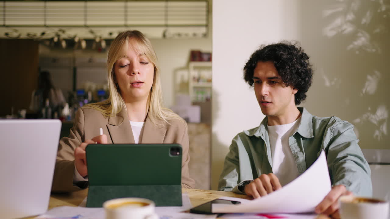 Two people having a business meeting at a cafe.