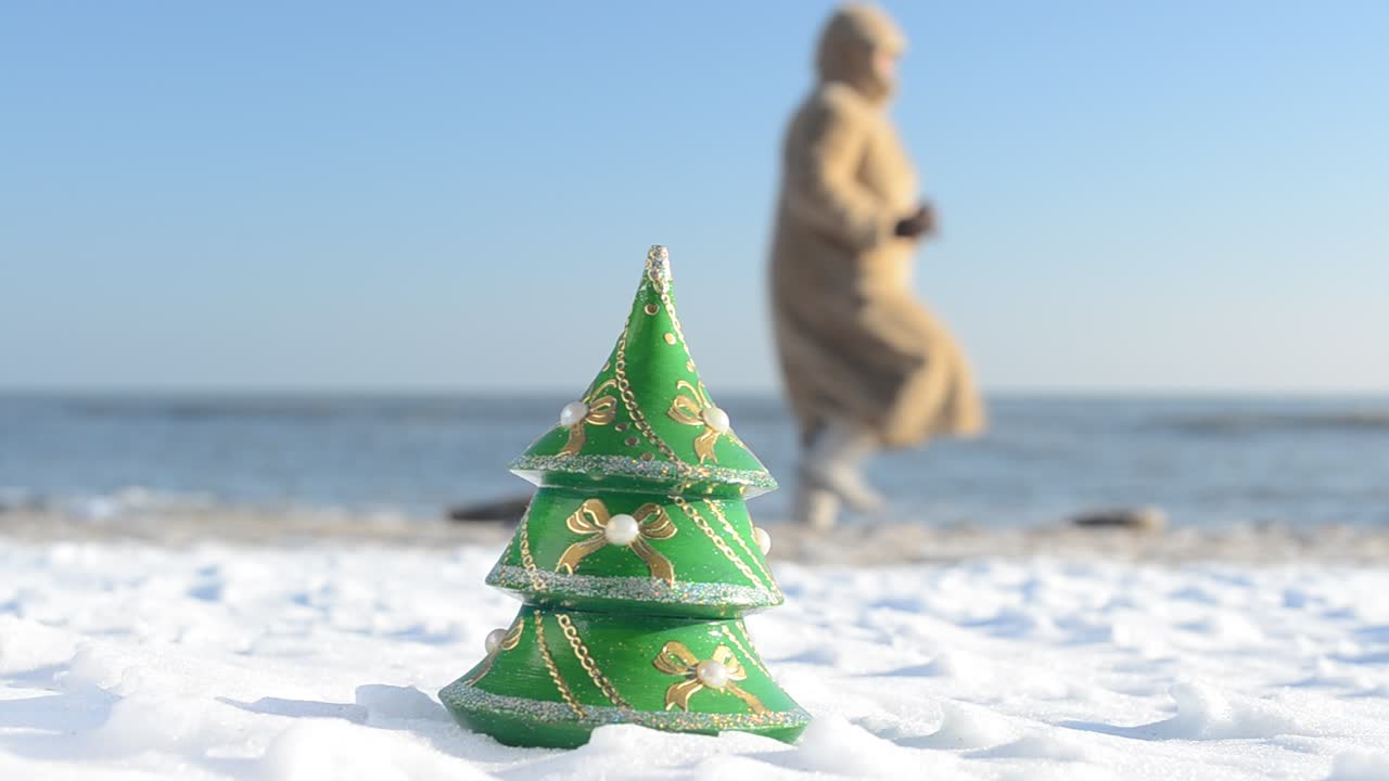 Abete di Capodanno sulla spiaggia. Scatto sulla spiaggia