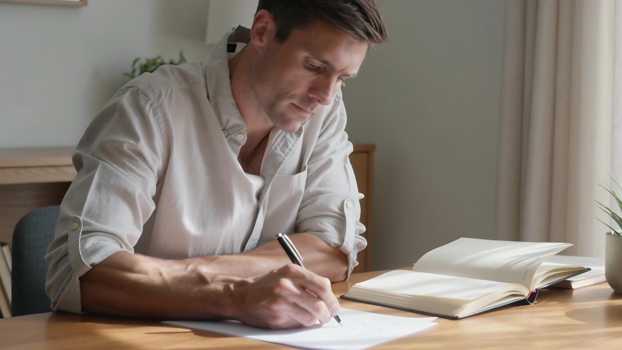 Luce dalla finestra che illumina un uomo adulto in camicia chiara, che scrive alla scrivania con una penna, consultando un libro.