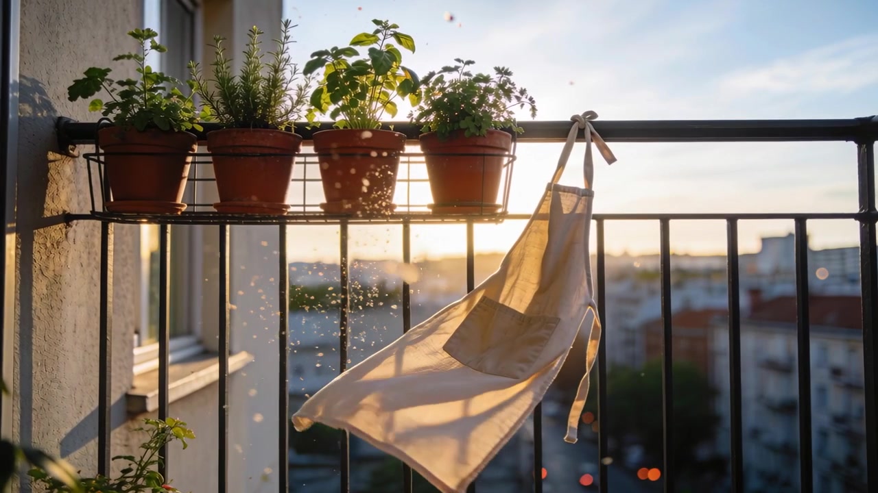 Avental branco-sujo esvoaçante com bolso em varanda de apartamento, brisa levantando-o, espaço para texto