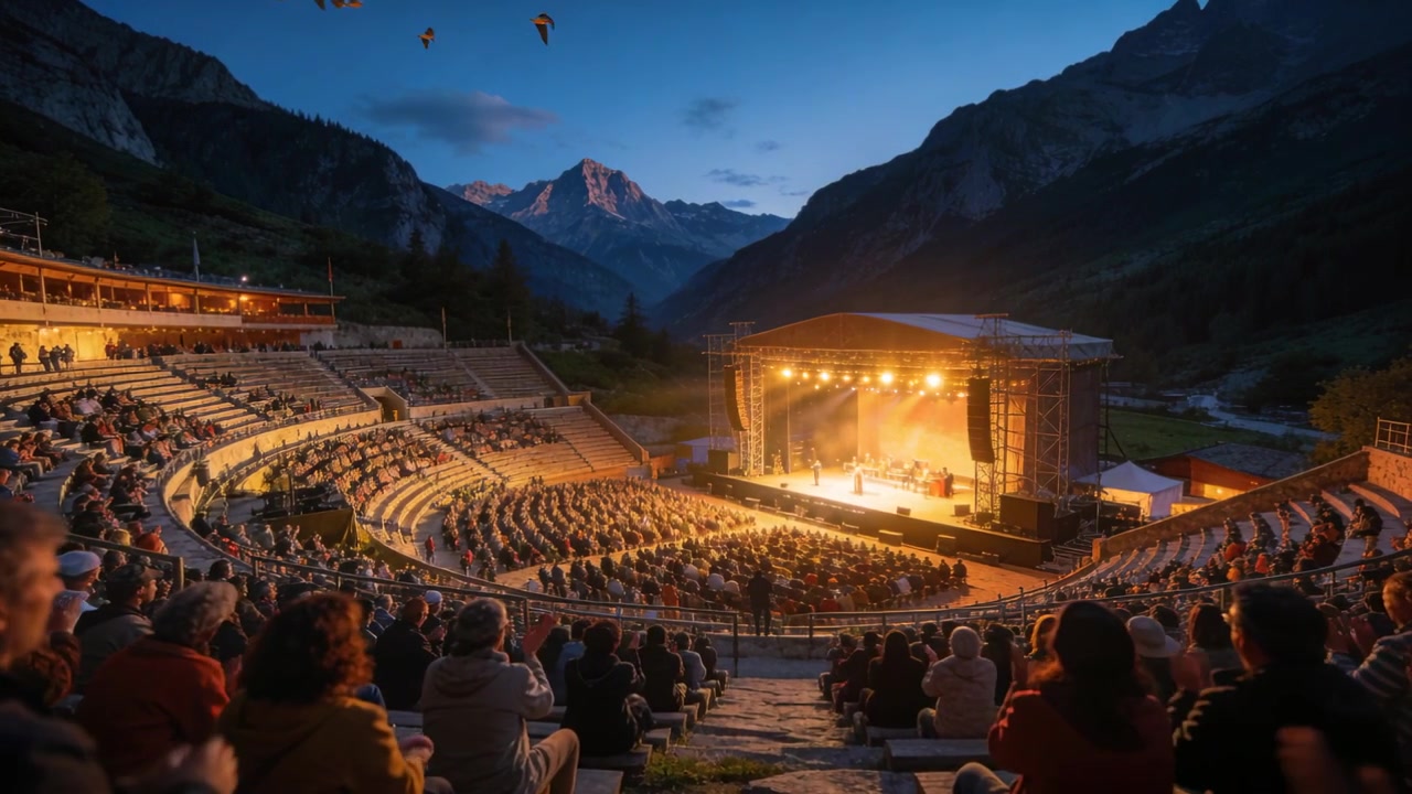 Luci del palco che si accendono, la band che inizia il concerto per la folla che applaude nella conca montana, parapendii, spazio per il testo.