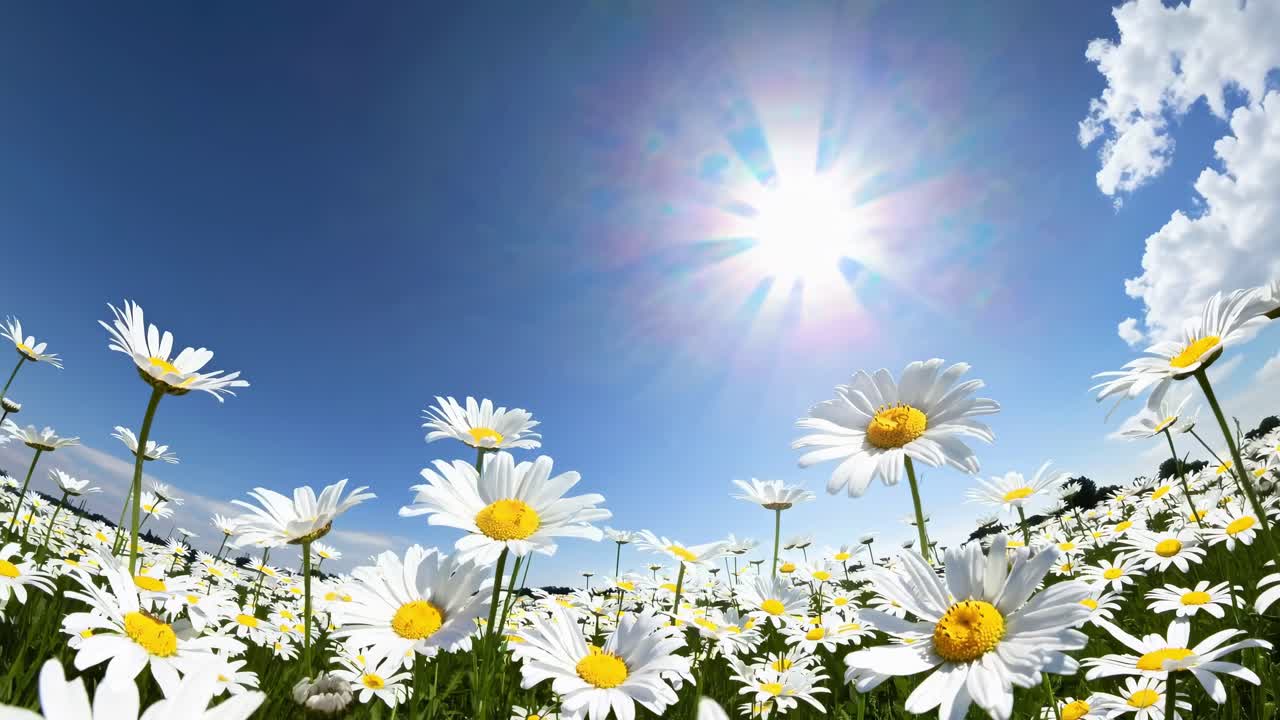 Frøperspektiv af tusindfryd under en strålende sol og blå himmel, der indfanger en levende og opløftende natur