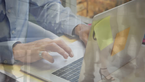 animation of caucasian businesswoman using laptop over people walking