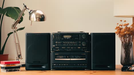 retro radio tape recorder, audio cassette close-up. listening to music, old radio boom box player, macro of vintage music listening. . high quality 4k footage