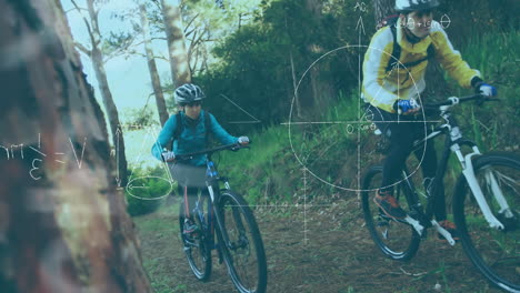 two cyclists riding mountain bikes on pine trail, showing educational math sketches overlaying path