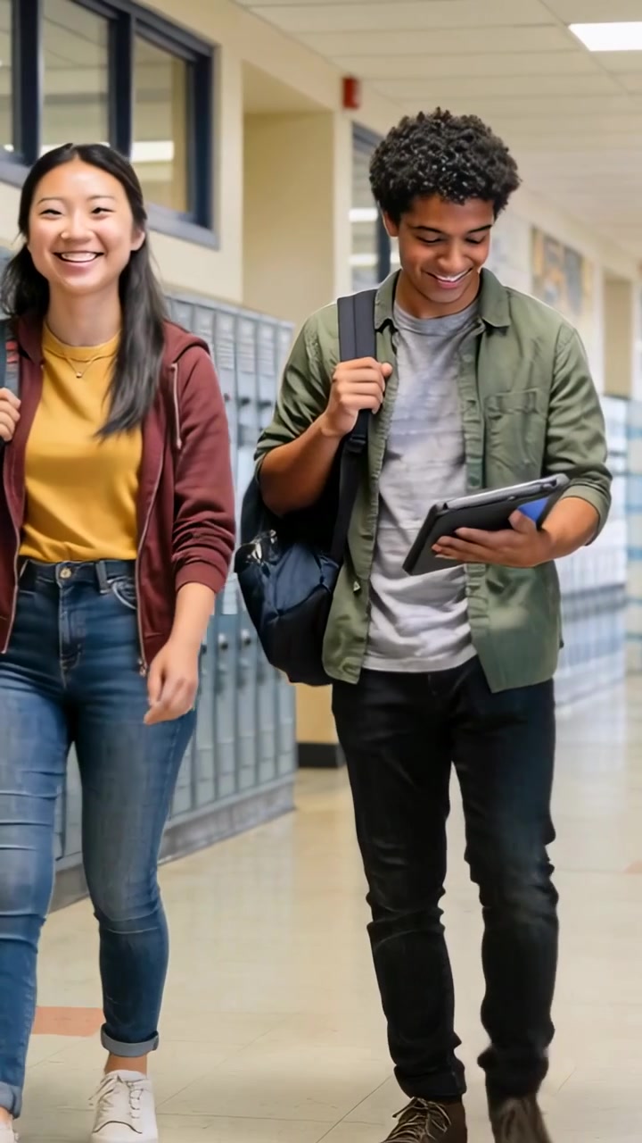 Video verticale: Due adolescenti che camminano con top color senape e camicia verde tra una lezione e l'altra, che danno un'occhiata al tablet