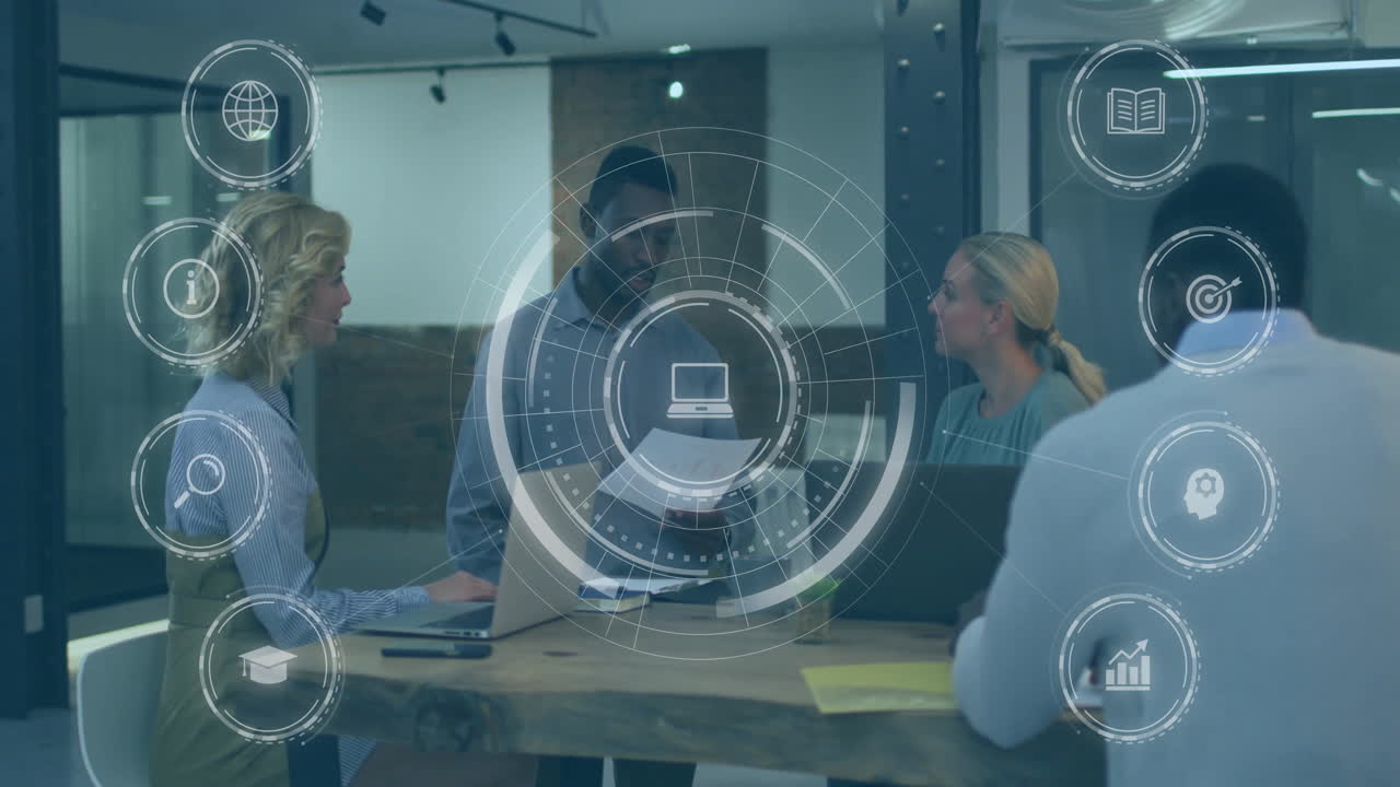 Diverse team collaborating at office with digital data processing ...